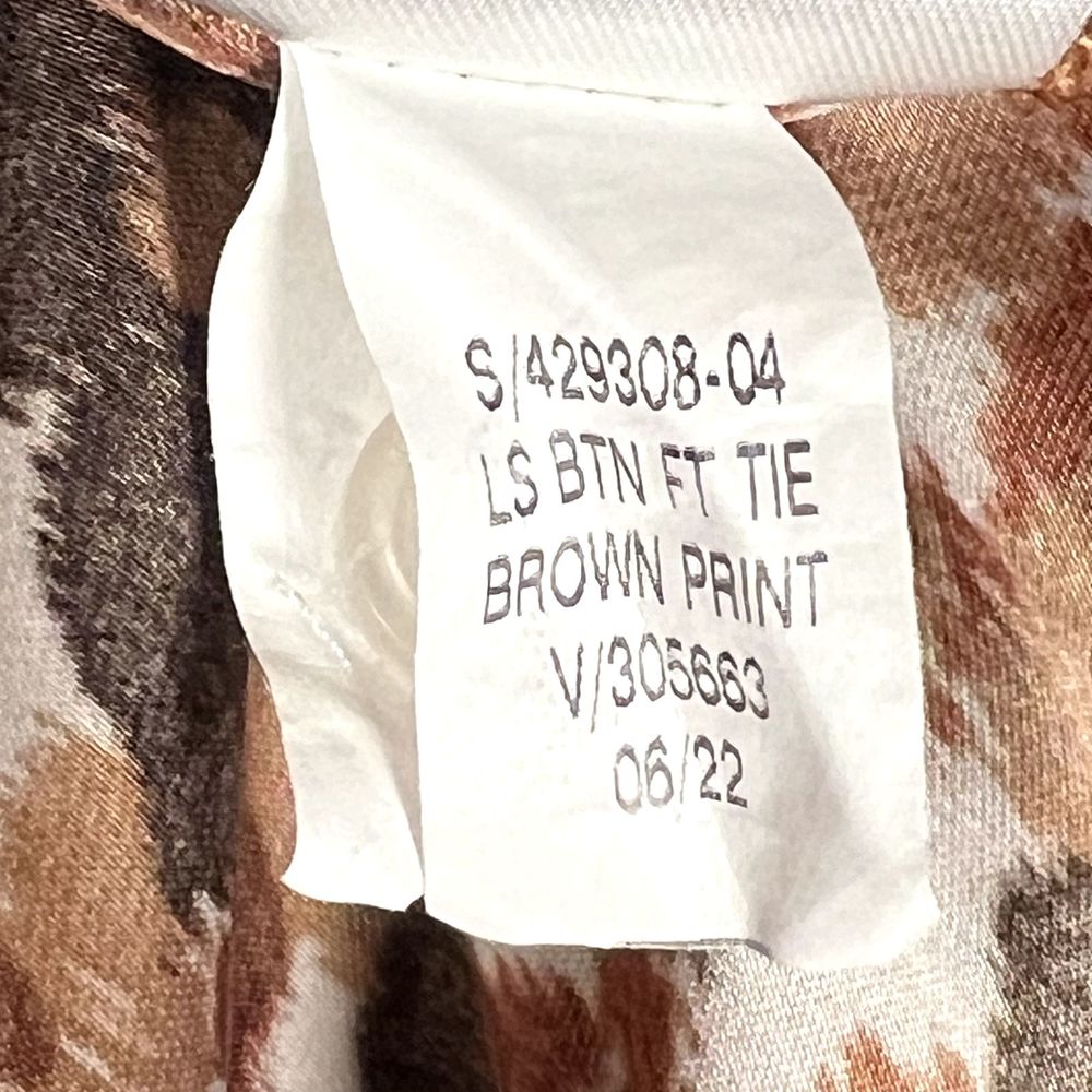 Gap Sz M Long Sleeve Button Down Blouse Tie Neck Brown Print Elastic Wrist - Picture 9 of 13